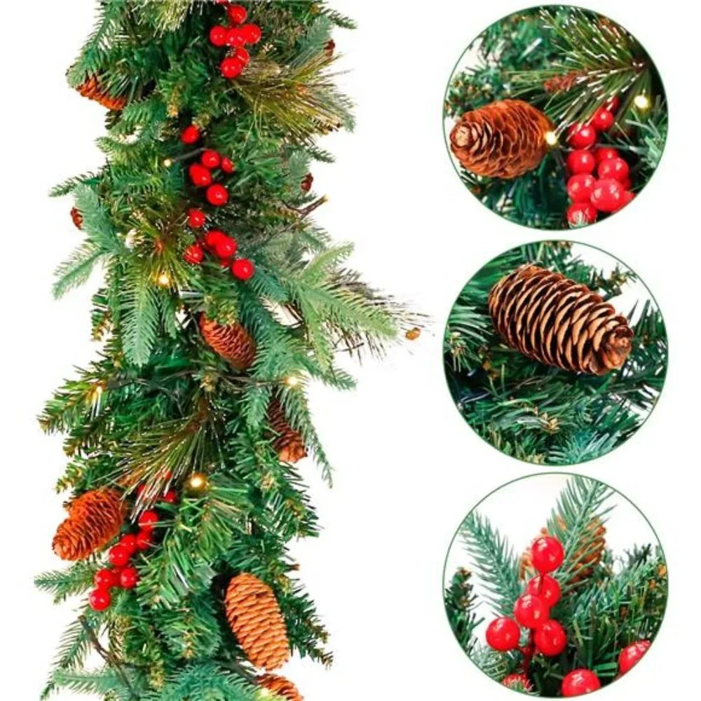 Christmas Garland with 50 Lights, 9ft Christmas Garland w/ Pinecones Red Berries